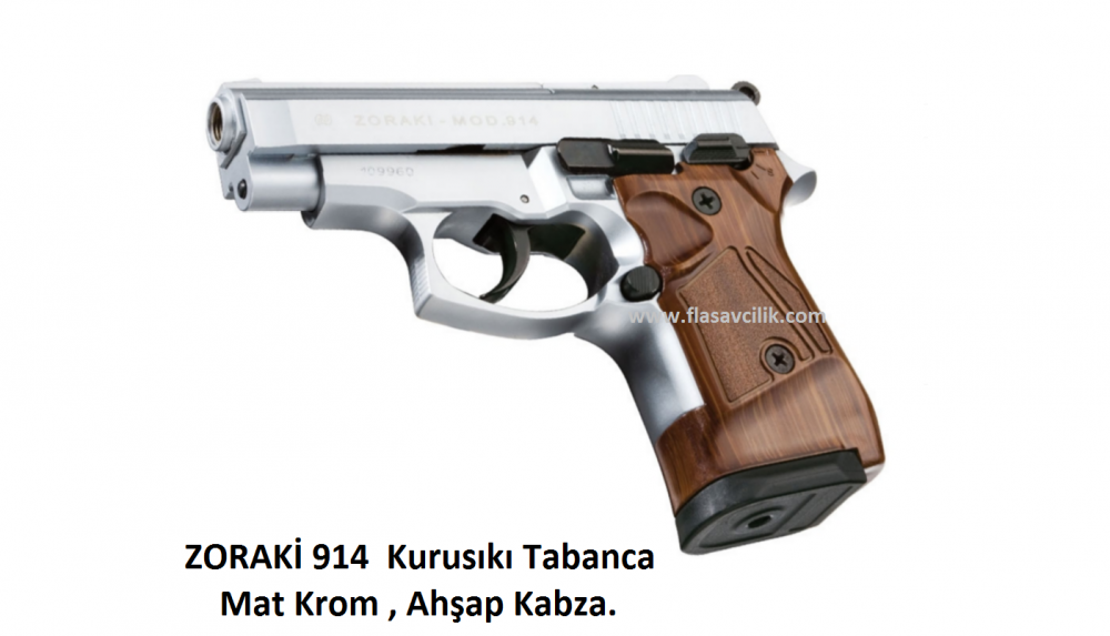 ZORAKİ 914  Kurusıkı Tabanca Mat Krom , Ahşap Kabza.