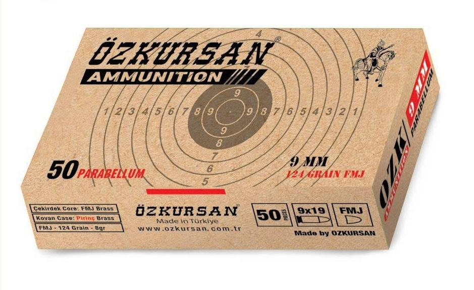ÖZKURSAN 9X19 MM (PARA) ÖZKURSAN PİRİNÇ (FMJ-124 GRN.) TABANCA FİŞEĞİ